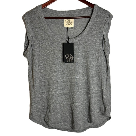 Chaser Ribbed Knit Scoop Neck Curved Hem Distressed Heather Short Sleeve Shirt M - Picture 1 of 16